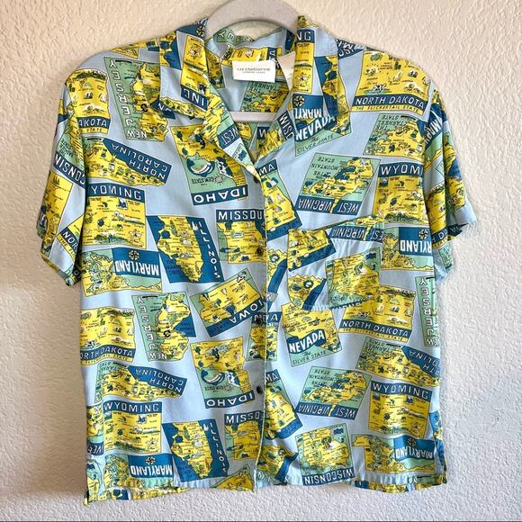 Vintage road trip states button down Liz Claiborne blue and yellow blouse size M - Picture 4 of 12